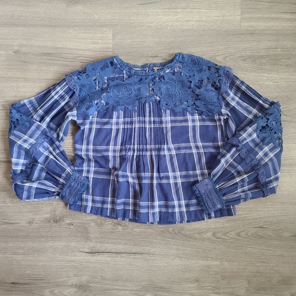 Free People Darling Diana Women's Medium Blue Plaid Ballon Sleeve Flowy Blouse